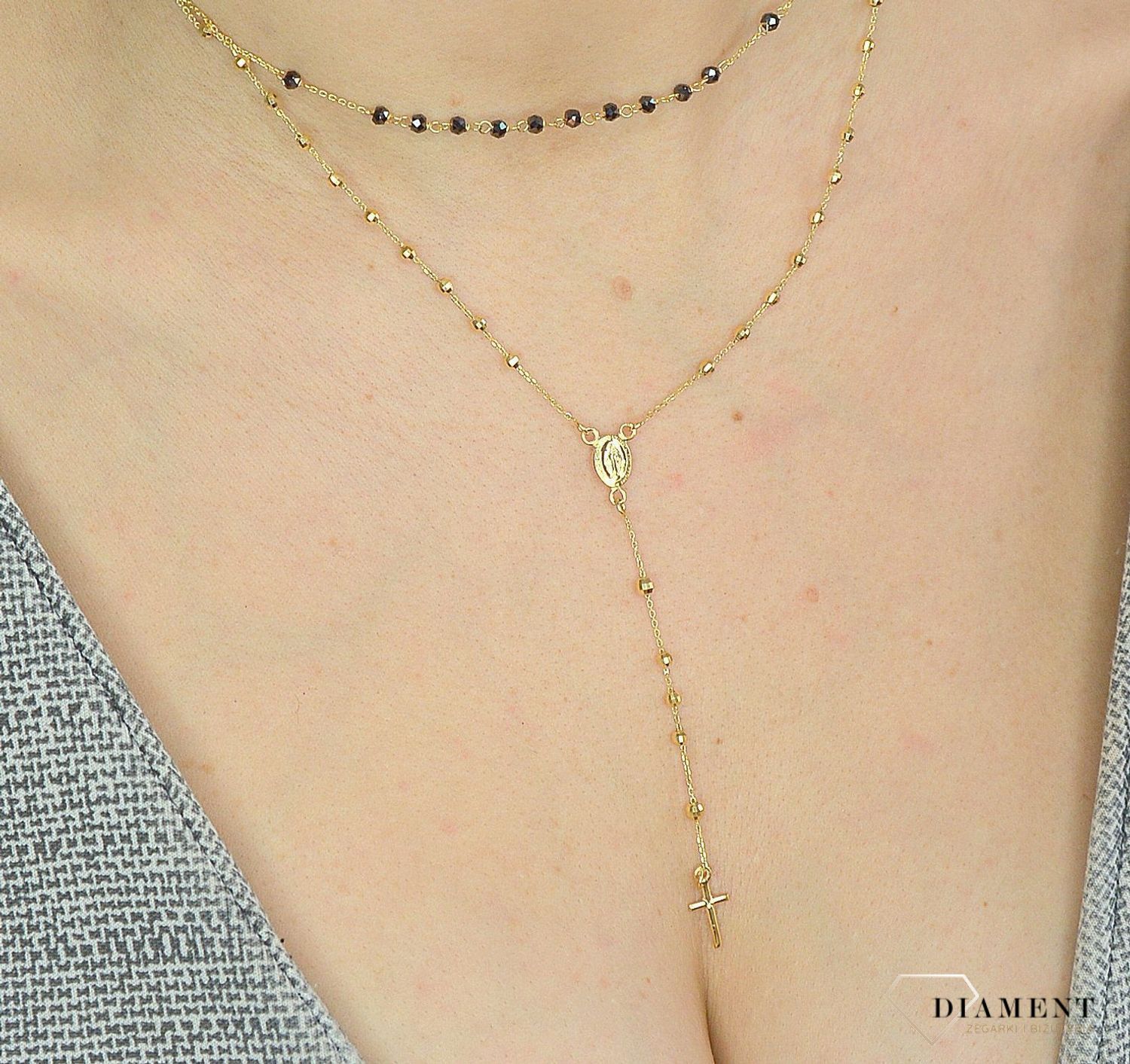 Złoty naszyjnik damski 585 różaniec i czarne koraliki NA 1135 585.jpg